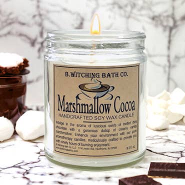 Marshmallow Cocoa Soy Wax Candle 9oz. for wholesale by B. Witching Bath Co.