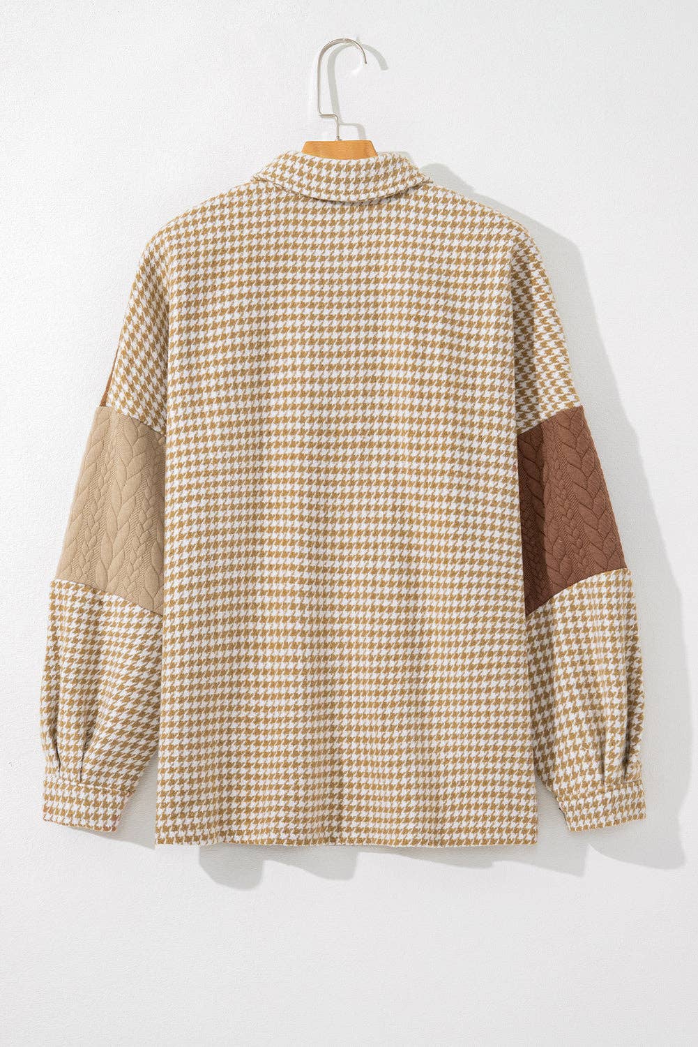 Khaki Houndstooth Color Contrast Textured Patchwork Shacket for wholesale on Faire4