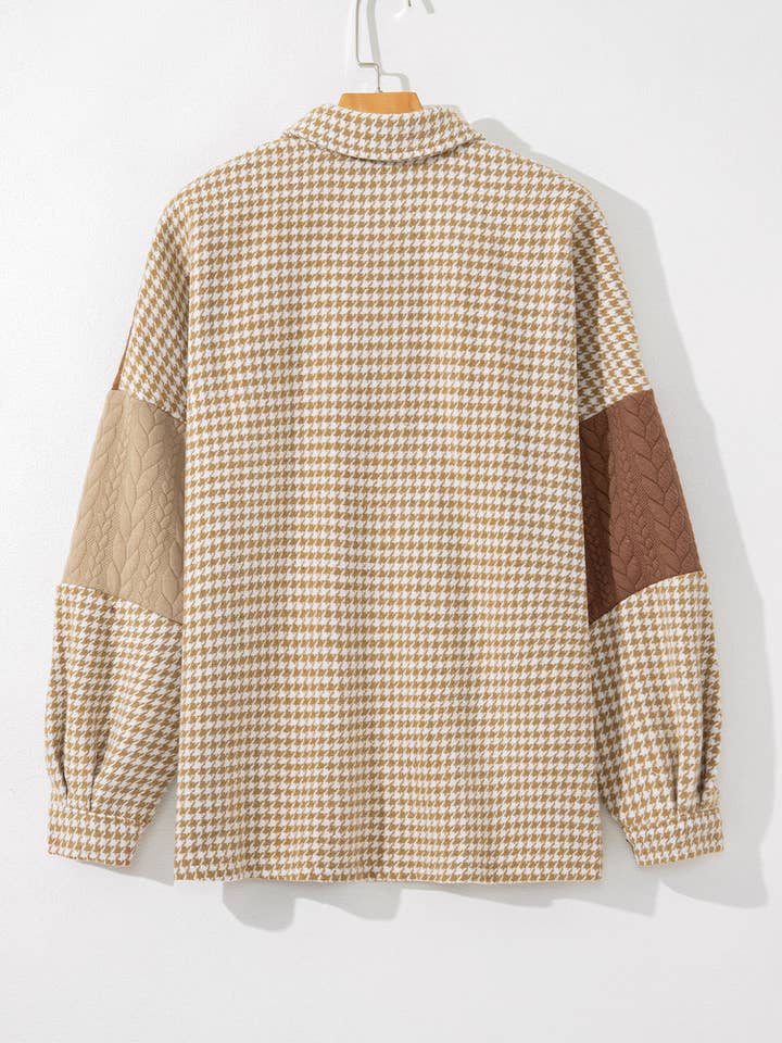 Khaki Houndstooth Color Contrast Textured Patchwork Shacket for wholesale on Faire4