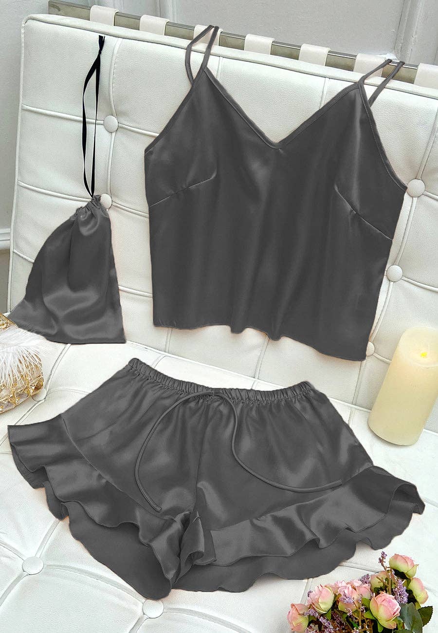Anna Kaci Wholesale - Wholesale Lounge Set - Women's - Satin Tank and Ruffle Hem Shorts1