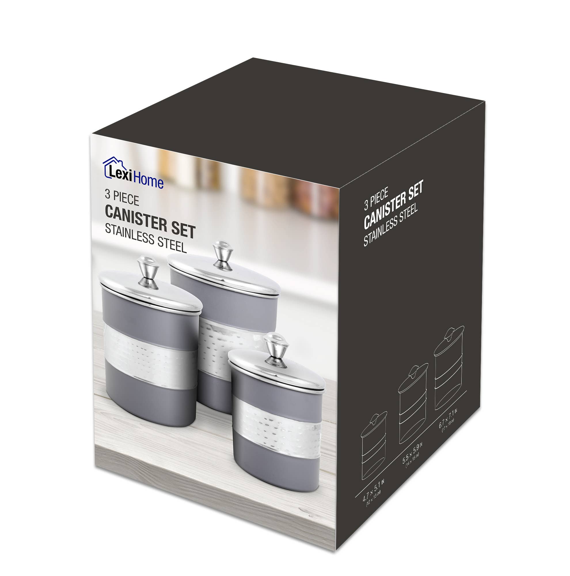 Lexi Home - Wholesale Canister Set - 3-Piece Nested Gray & Stainless Steel Hammered Canister Set5