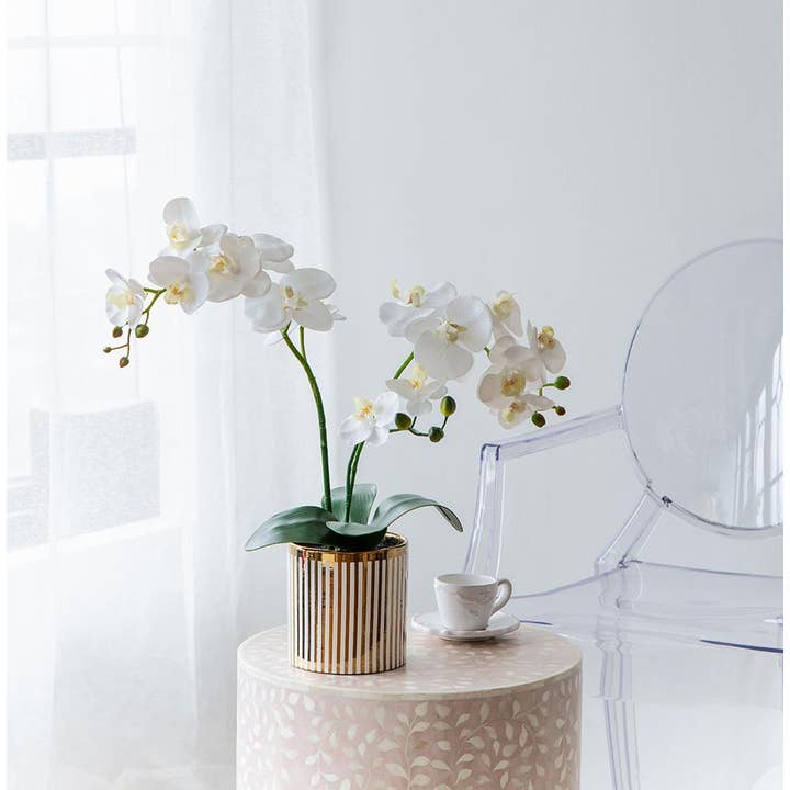 A&B Home Group Inc. – wholesale Artificial flowers – 9.5x6x20.5"H Artificial White Orchid in Gold Striped Pot4