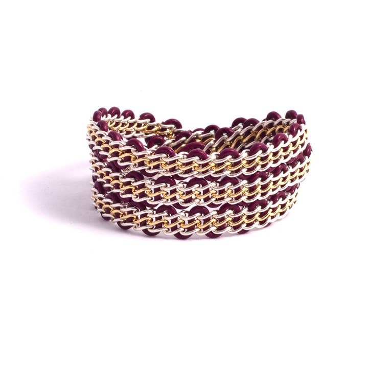 Bracelet enroulé Braemar - Chaîne en argent sterling et or 14 carats sur cuir bordeaux pour la vente par Solid Design Studios