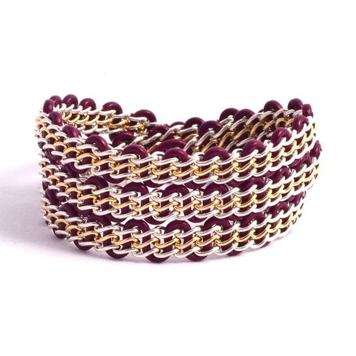 Braemar Wrap Bracelet — Sterling Silver & 14k Gold-Filled Chain on Burgundy Leather for wholesale by Solid Design Studios