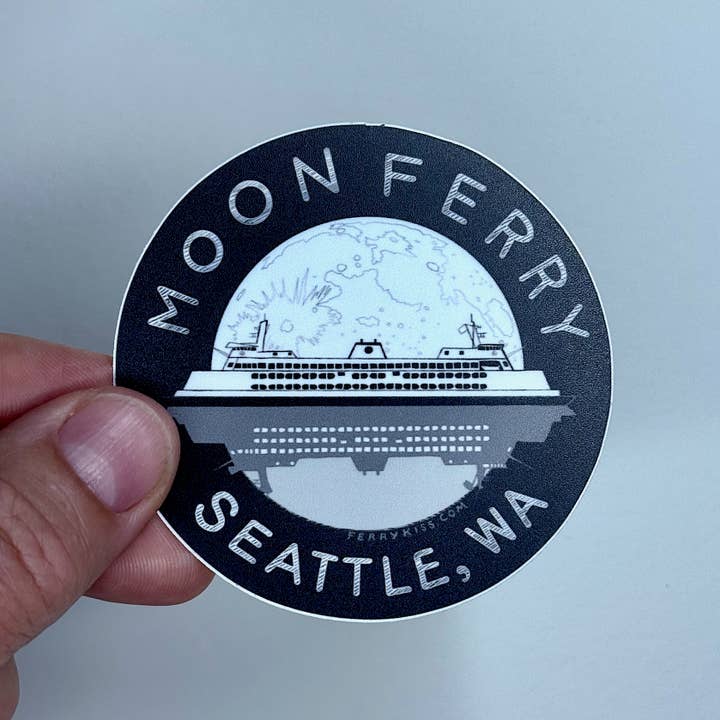 'Moon Ferry' Seattle Pacific Northwest Sticker- 3" Vinyl for wholesale by Ferry Kiss Studio