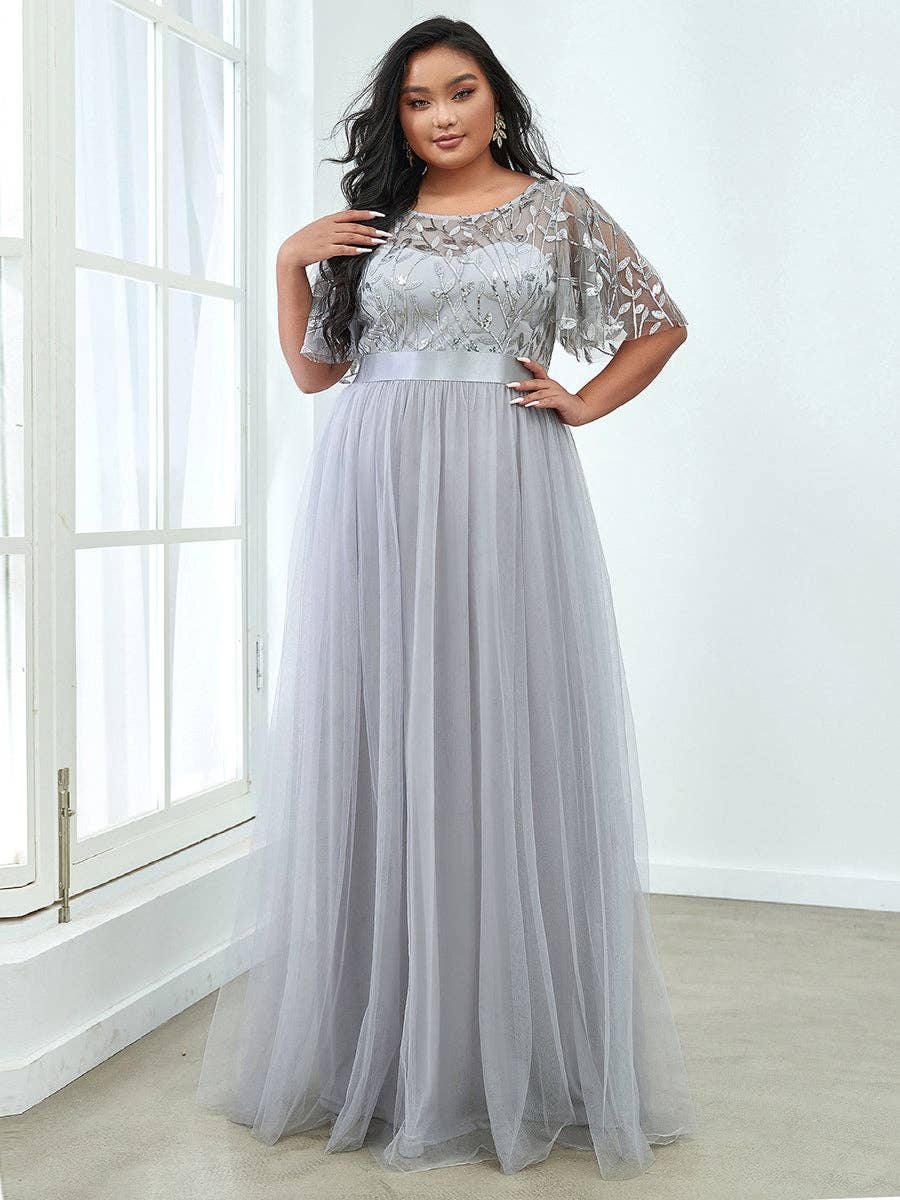 Ever-Pretty - Vente Robe de soirée – femme - Robe de soirée grande taille à imprimé pailleté avec manches courtes volantées7