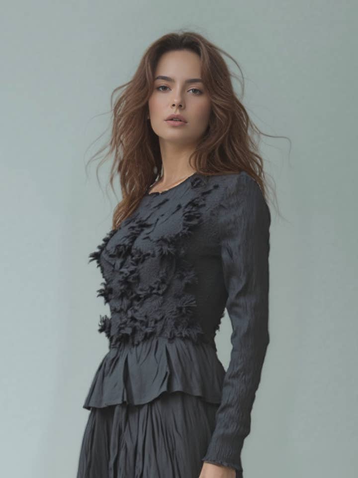 Pleated 3D flower L/S blouse (Black) for wholesale by Ellyndale