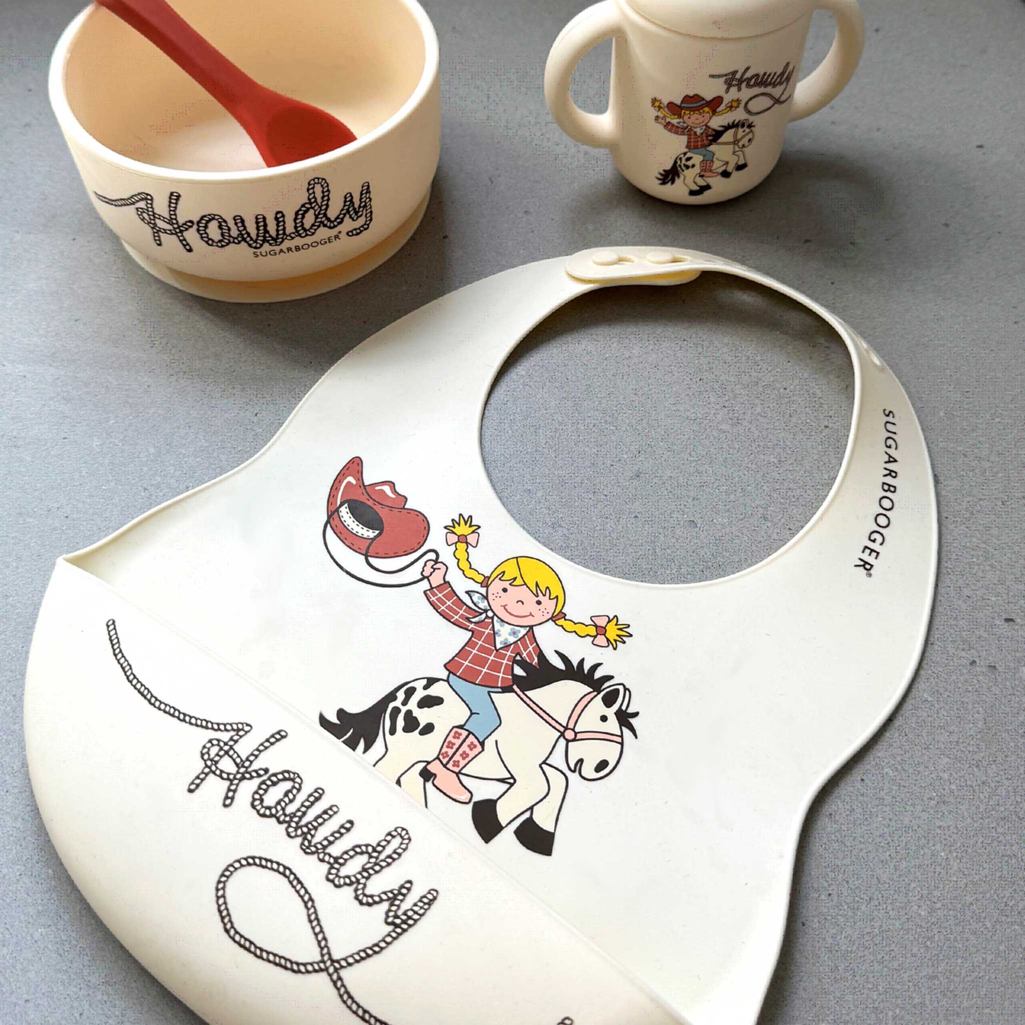 Sugarbooger by Ore’ Originals - Wholesale Bib - Baby - Fresh & Messy Silicone Bib & Spoon Set | Howdy Cowgirl2