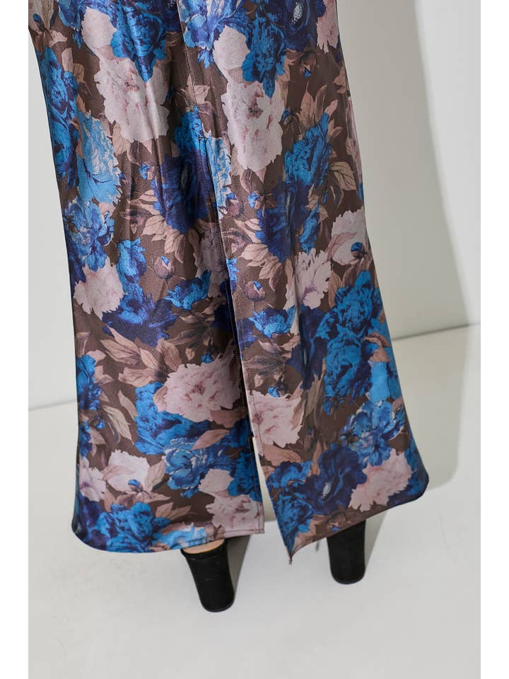 Baevely by Wellmade USA - Wholesale Skirt - Women's - FLORAL SATIN MAXI SKIRT WITH SLIT