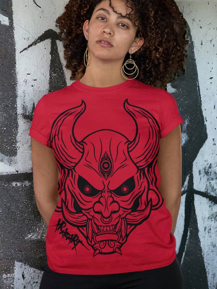 T-shirt surdimensionné à imprimé japonais Oni rouge Bushido pour la vente par XRAEART Clothing Co