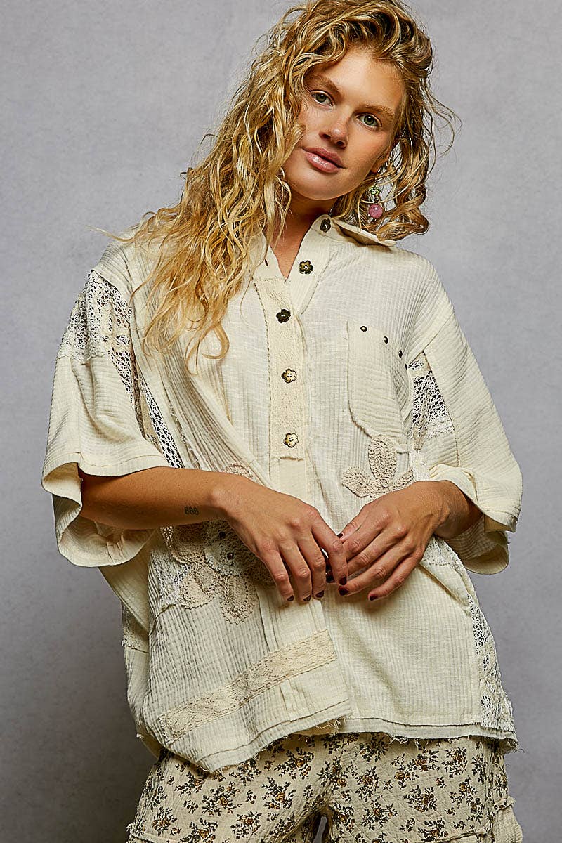 Pol Clothing - Wholesale Button Down Shirt - Women's - Collared Studded Button-down Short Sleeve Knit Shirt Top28