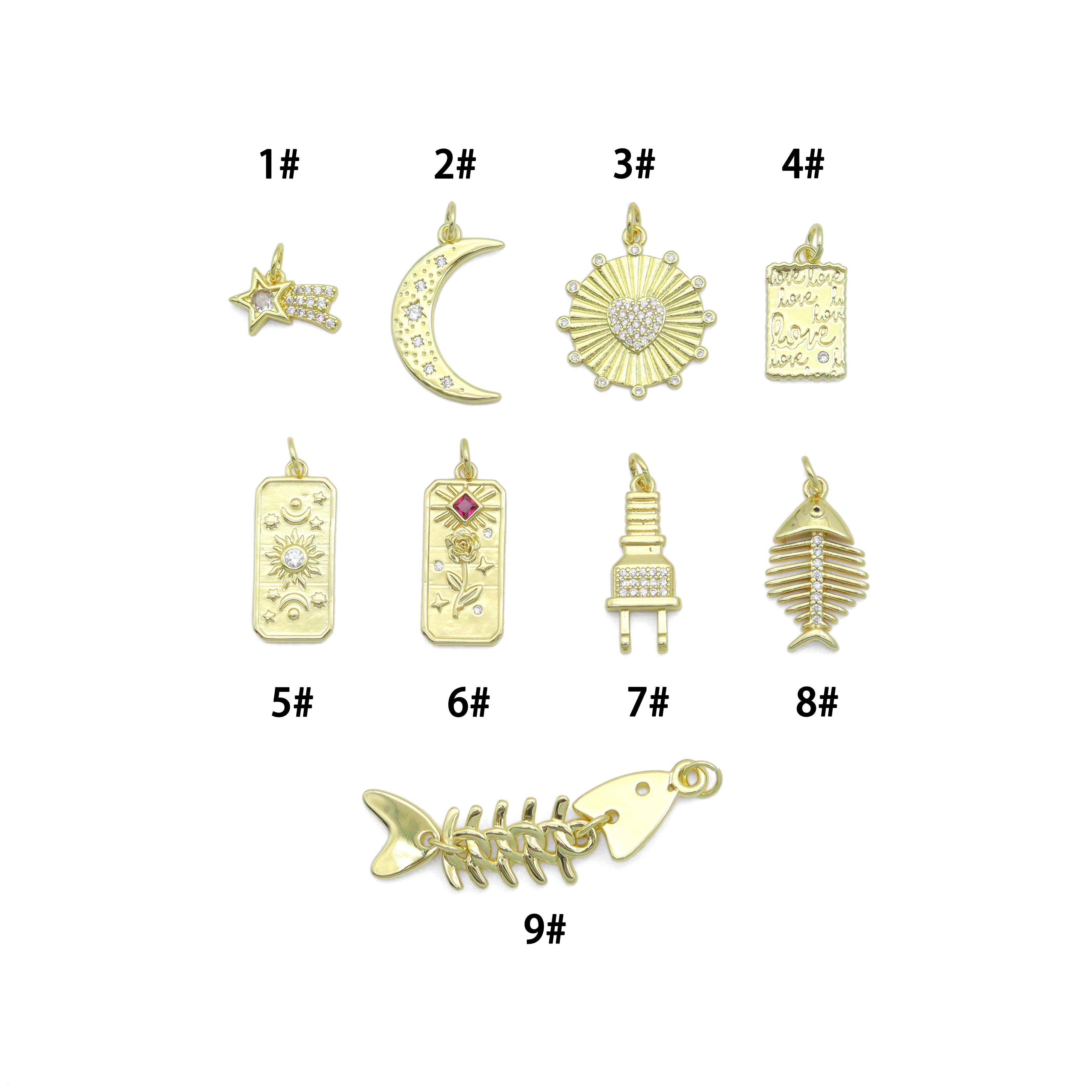 BestBeads&Beyond – wholesale Individual charm/pendant – Clear CZ Gold Star Cresent Moon love plug fishbone rectangle Pendant, Sku#Y10510
