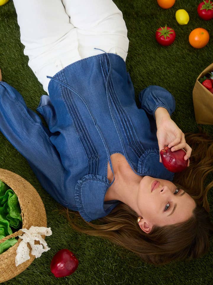 DENIM COLLARED PINTUCK DETAIL LONG SLEEVE TOP for wholesale by Blu Pepper