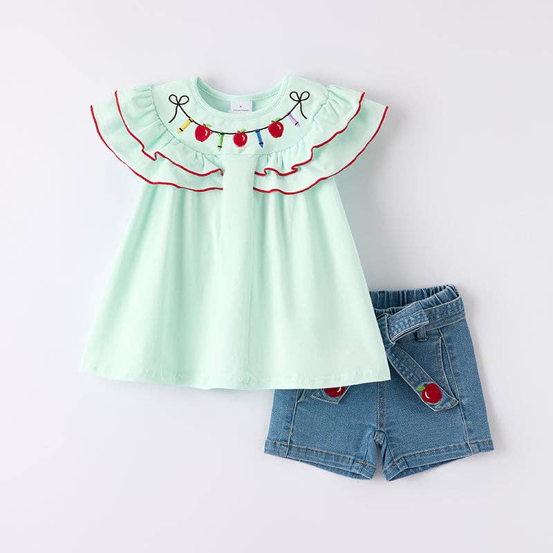 Auraquise - Vente Ensemble haut et short – enfant - Ensemble court en jean brodé de pommes pour filles de retour à l'école0