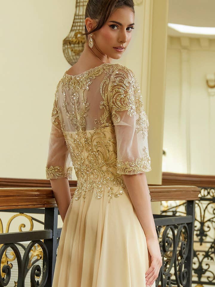 SMC Fashion - Wholesale Gown - Women's - Bead sequin embellished 1 2 sleeve mesh bodice with chiffon skirt GLGL35997