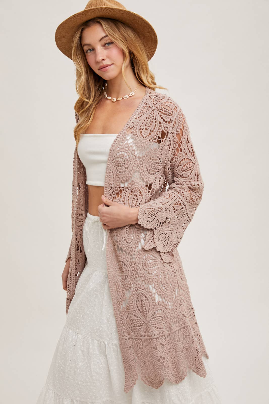 Bluivy - Vente Cardigan – femme - Cardigan en crochet ouvert à manches cloche, longueur genou22