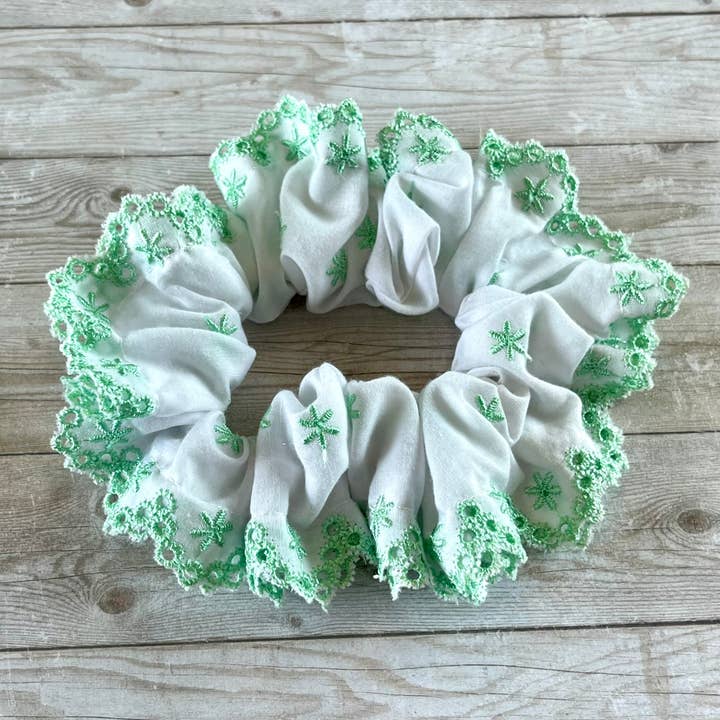 Scrunchie Frayed Edge Vintage Eyelet Green and White for wholesale by Open Window Studios
