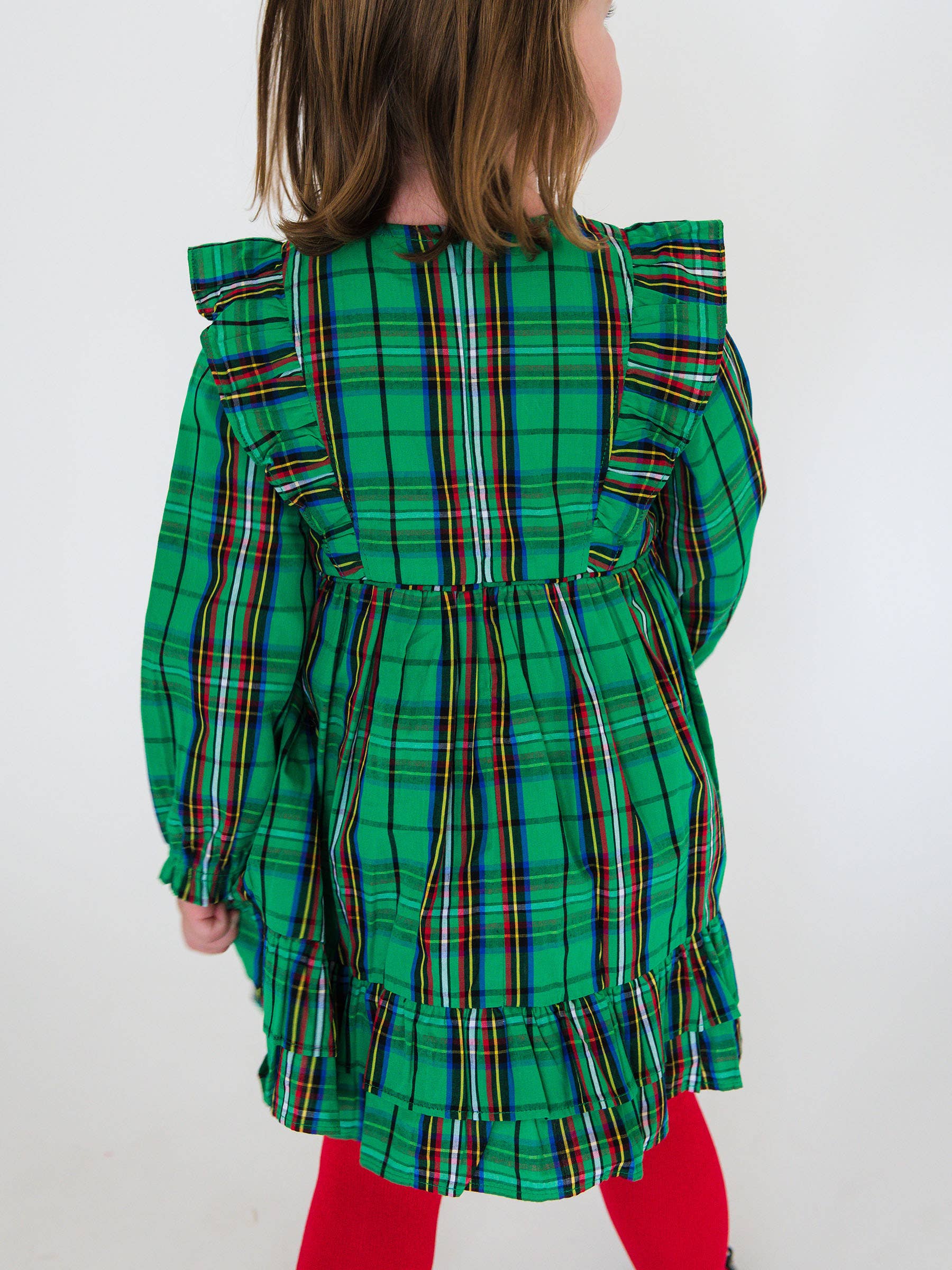 Girls Green Nicholas Plaid Woven Long Sleeve Waterfall Bow Dress for wholesale on Faire3