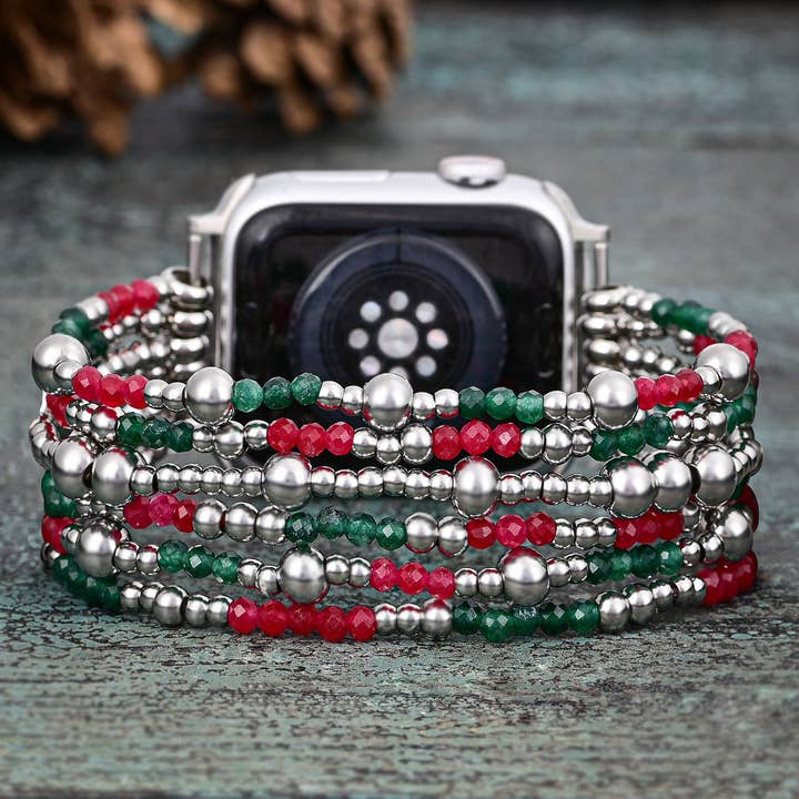 Free Spirit Shop - Wholesale Watch Band/Strap - Women's - Holiday Sparkle Red Green & Silver Beaded Apple Watch Band