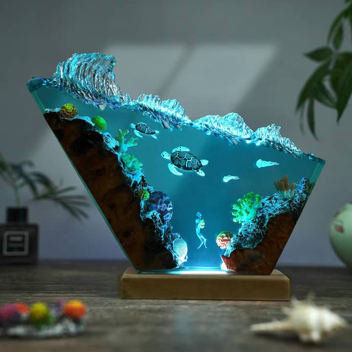 Merchemy - Wholesale Night Light - Sea Turtle Scuba Ocean Resin Wood Lamp Night Light Decor 1