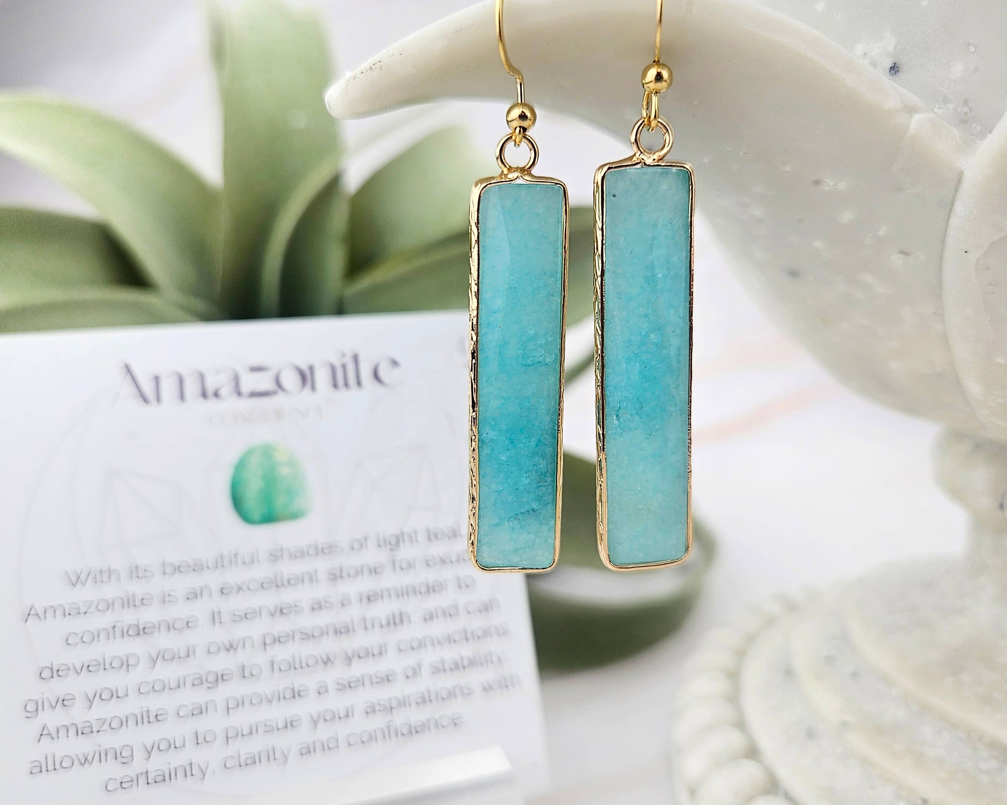 WonderLight Jewelry - Vente Boucles d'oreilles pendantes - Boucles d'oreilles en forme de barre de cristal - Amazonite/Confidence4