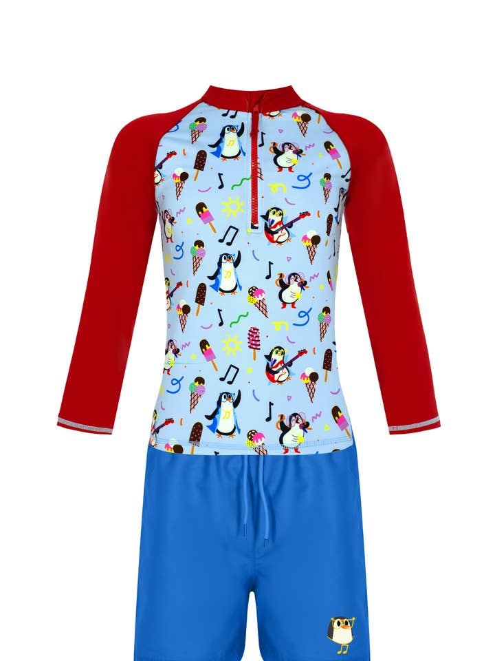 Penguin Print UPF50+ Boys Swim Set (Rashguard + Swim Short) for wholesale by Daring Littles