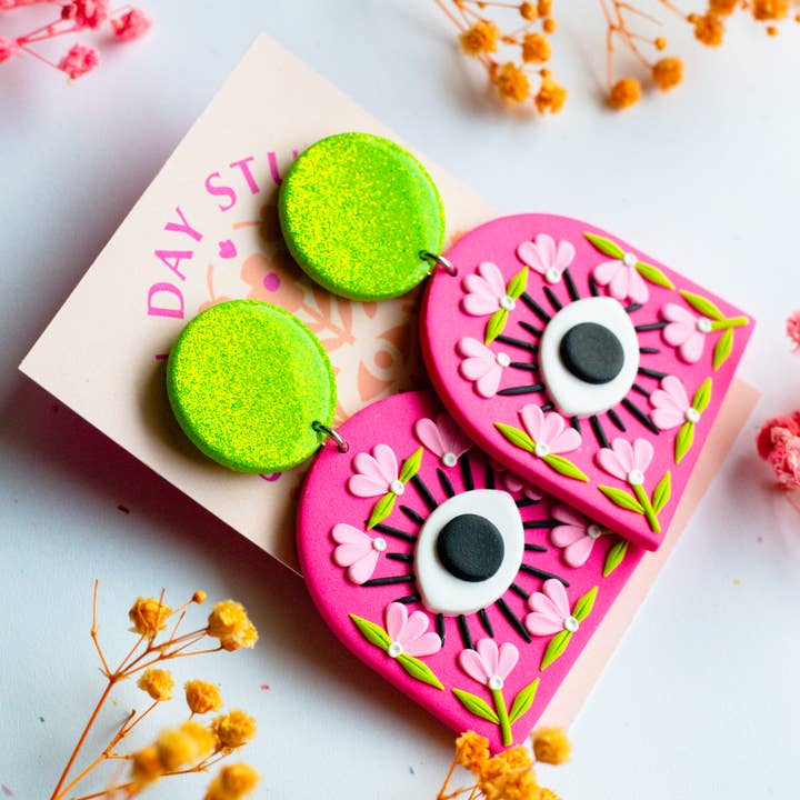 Slow Day Studios – wholesale Dangle earrings – Hot Pink Evil Eye Polymer Clay Statement Glitter Dangle