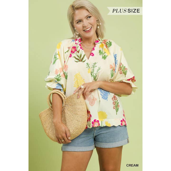 PLUS Floral Puff Half Sleeve Scallop Hem Top for wholesale by BNS
