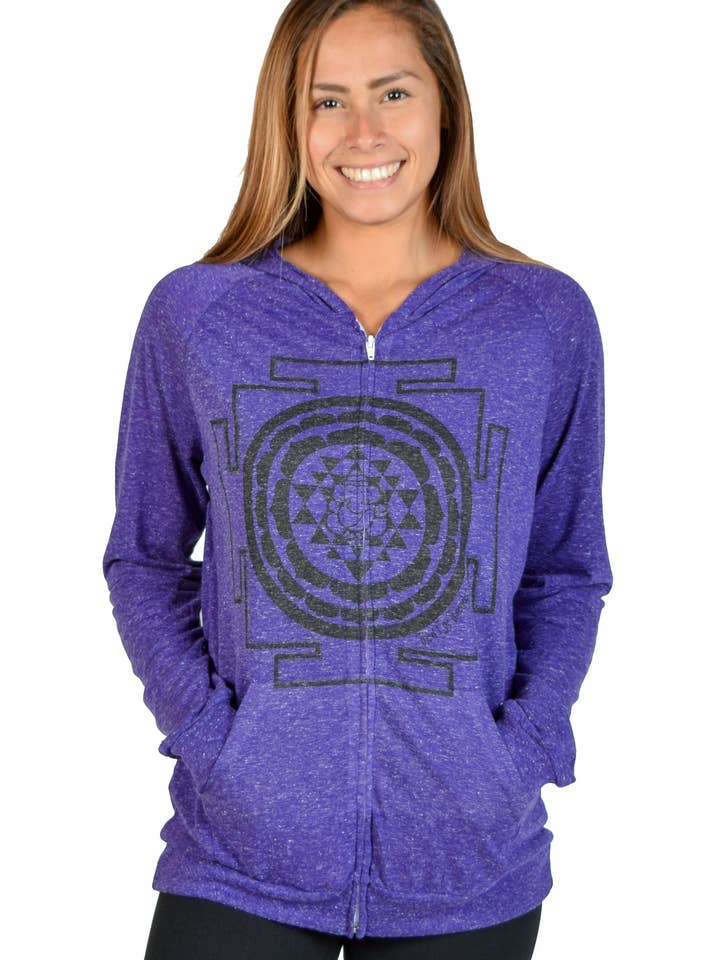 Linnen hoodie met ritssluiting en Sri Yantra voor wholesale door Third Eye Threads
