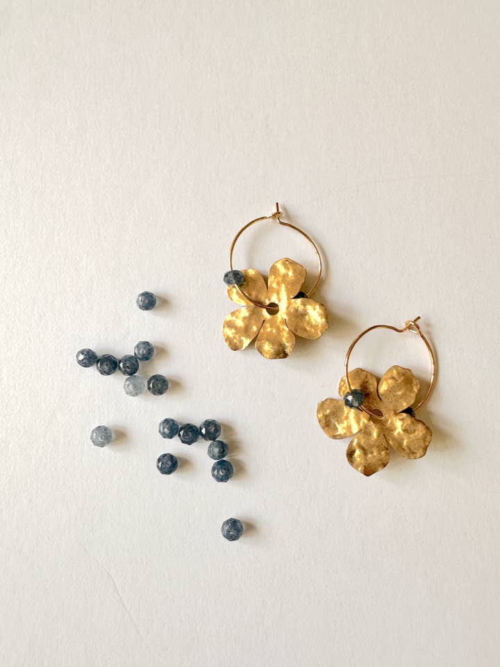 Gold Filled Hoop Hammered Brass Flower Earrings - Dark Blue for wholesale by Found & Feral