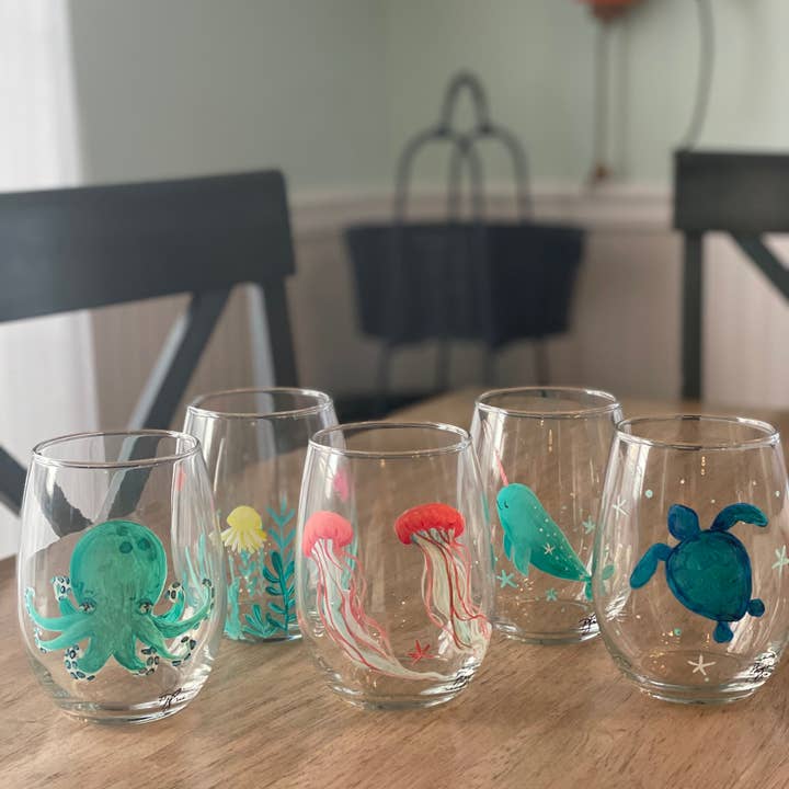 Paula Freeman Art - Vente Verres à vin - Verre à vin peint à la main TROPICAL SET – Verrerie côtière4