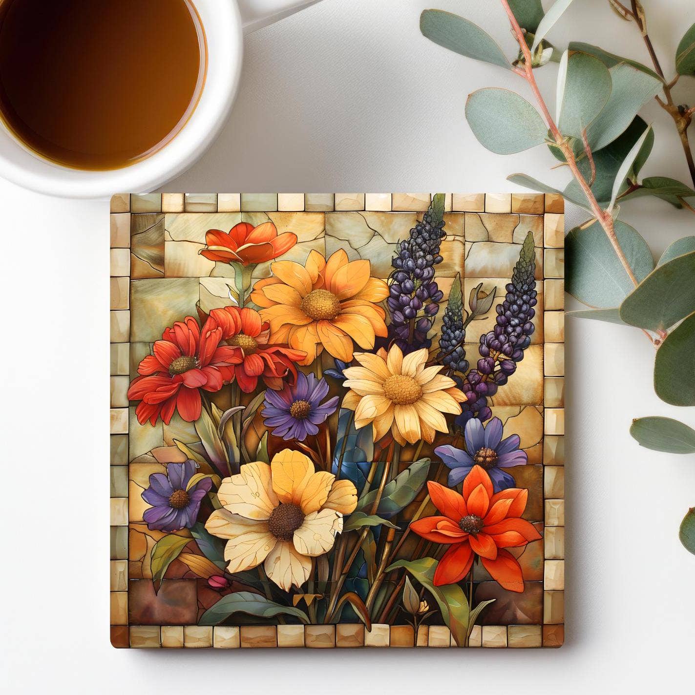 Fernville Creations - Wholesale Coasters - Floral Mosaic Ceramic Coaster with Tile Art Decor4