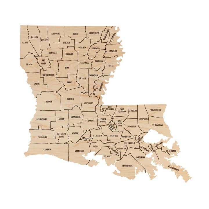 Louisiana County Map Wall Hanging - Crafted from Cherry or Maple Wood for wholesale by LazerEdge