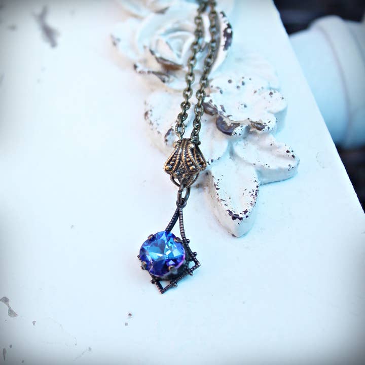 Deep Bermuda Blue Vintage Style Crystal Necklace for wholesale by Circa 1890