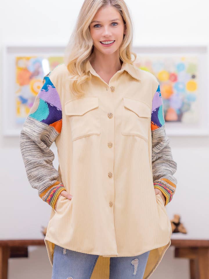 LJ76054T-Geometrisk tröja Detalj Corduroy Oversized Shacket för wholesale av Taelynn