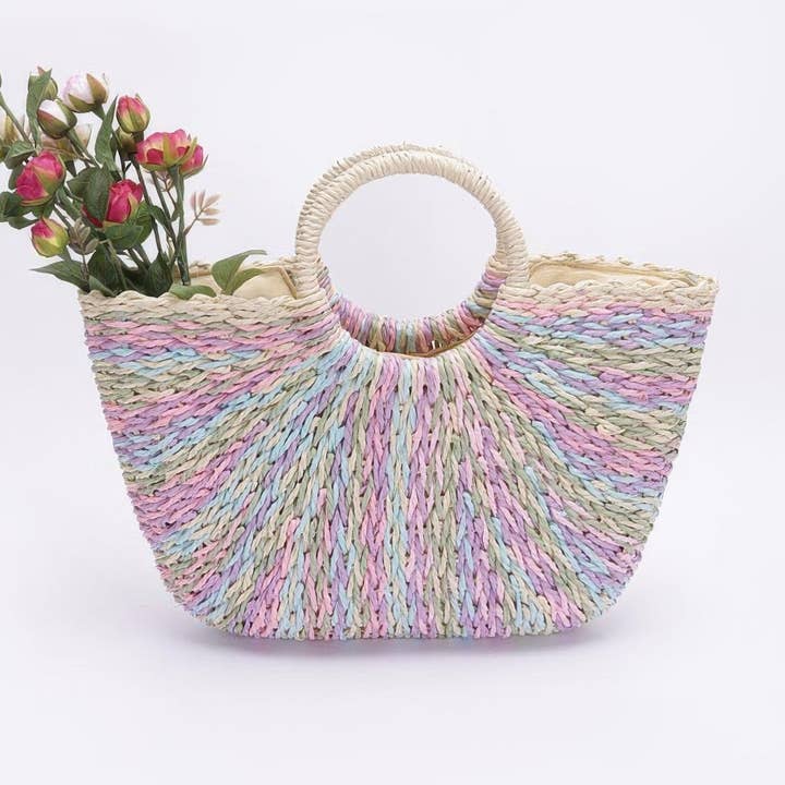 Faux Straw Multi Color Round Handle Tote Bag for wholesale by CC Wholesale Clothing