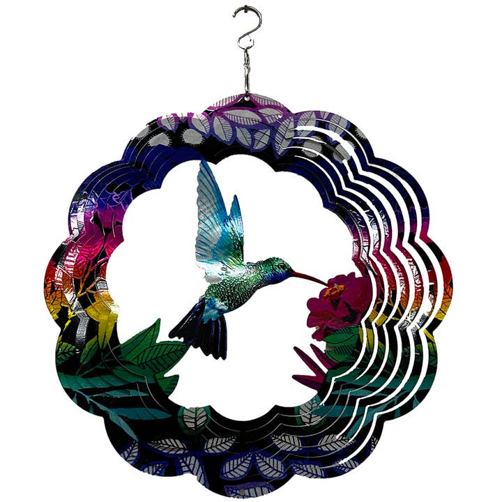 Artistic Stainless Steel Hummingbird Wind Spinner Yard Art for wholesale by Texas Toy Distribution
