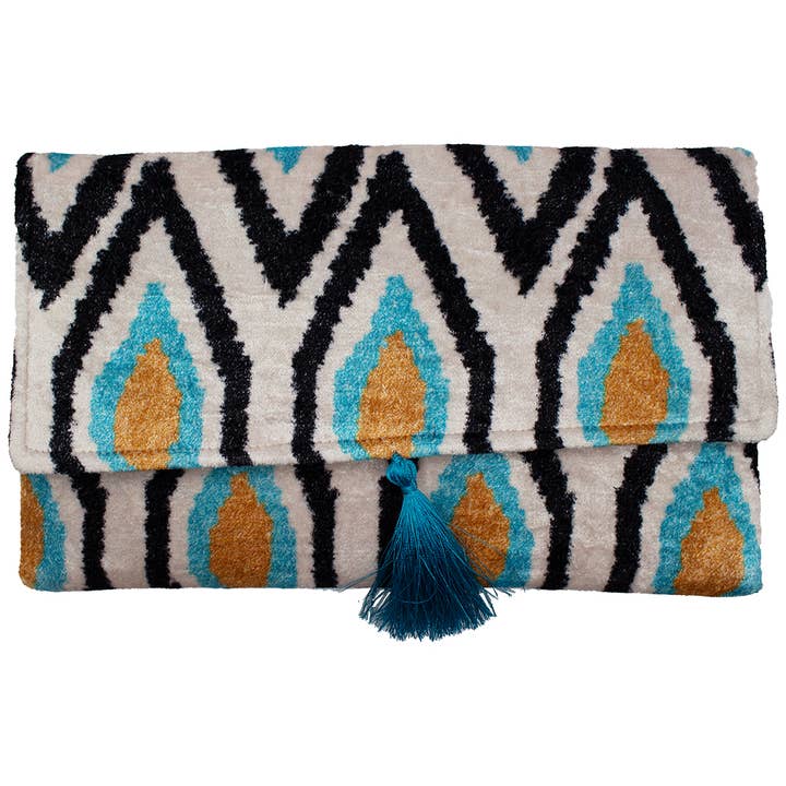 BLACK & AQUA VELVET CLUTCH for wholesale by Pizzazz, Inc.