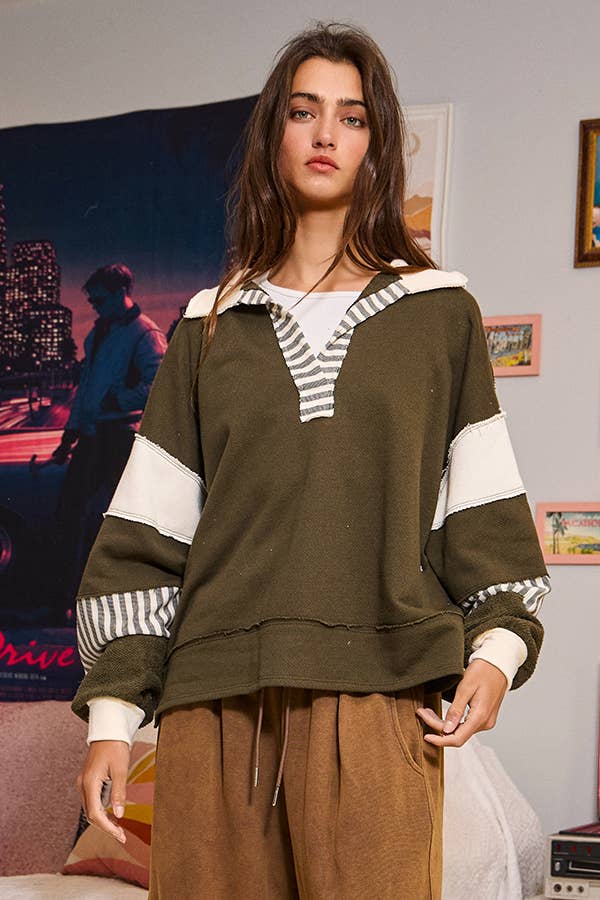 BUCKETLIST INC - Wholesale Knit Top - Women's - T2004 French Terry Knit Color-block Collared Loose Fit Top17