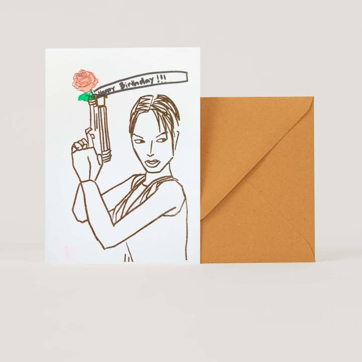 Folding card birthday Lara Croft for wholesale by superjujupress
