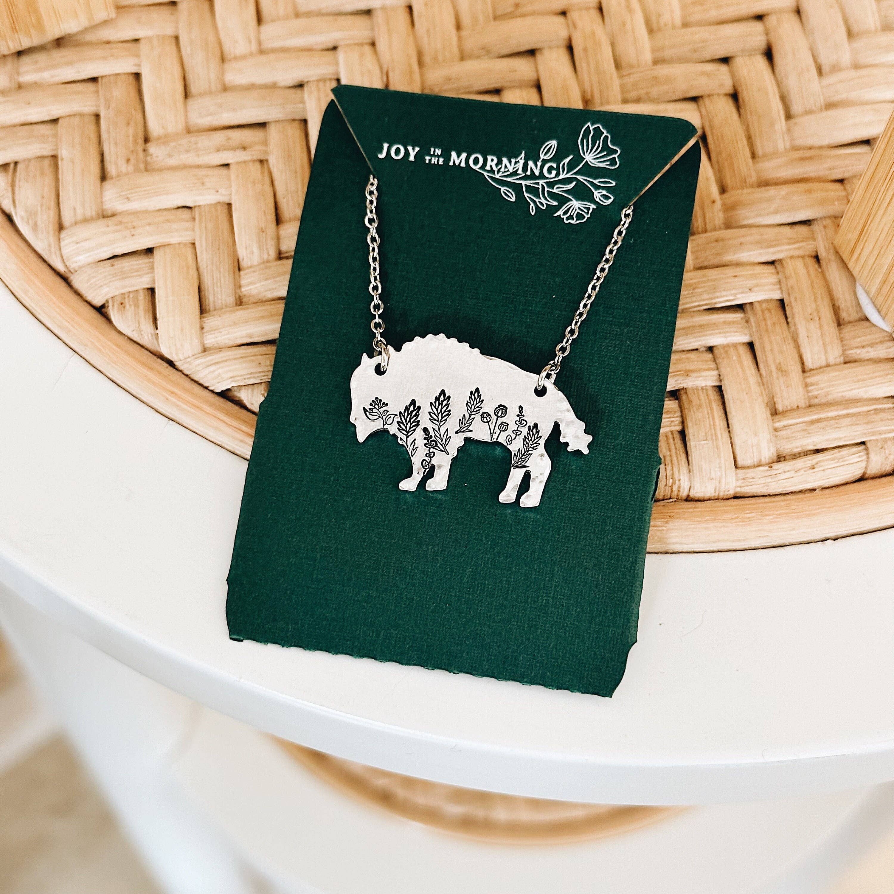 JOY IN THE MORNING - Wholesale Pendant/Charm Necklace - Botanical Bison Necklace, Buffalo, Hand Stamped Necklace4