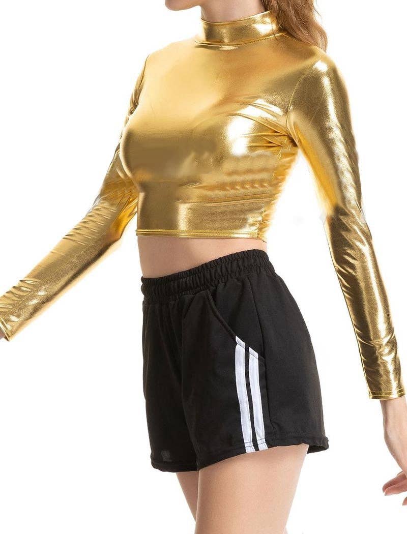safistyle - Wholesale Blouse - Women's - Shiny Mock Neck Long Sleeve Crop Top2