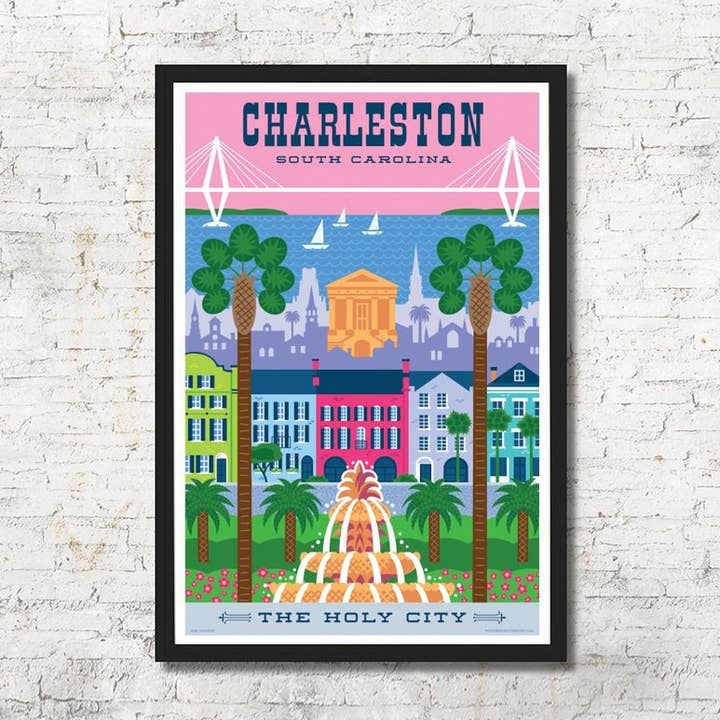 Decorazione da parete con stampa artistica dello skyline di Charleston, regalo per la vendita all'ingrosso da parte di Red Robot Design & Illustration