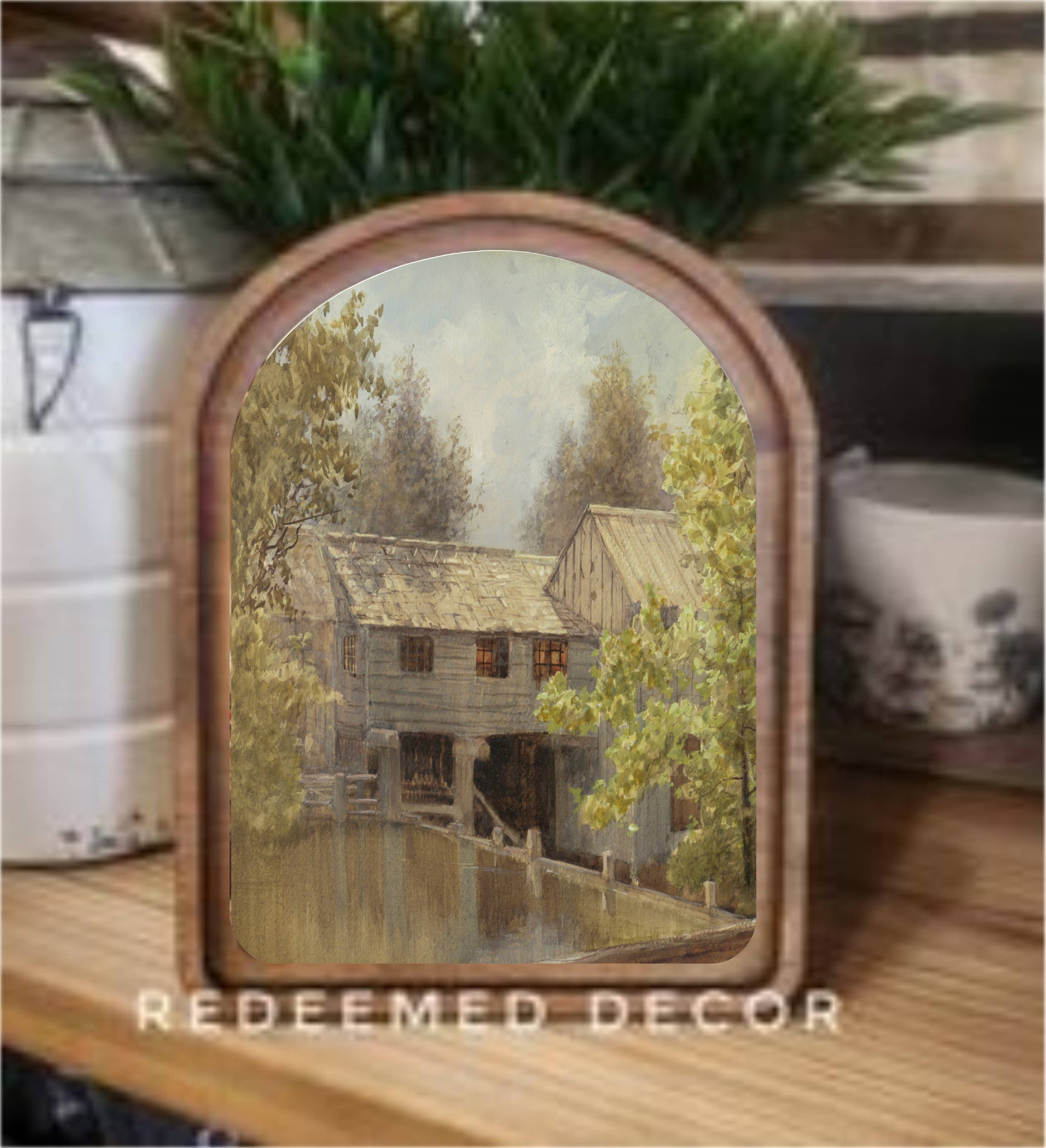 Redeemed Decor - Vendita all'ingrosso Arte murale in legno - Arte incorniciata del mulino a grano con arco superiore