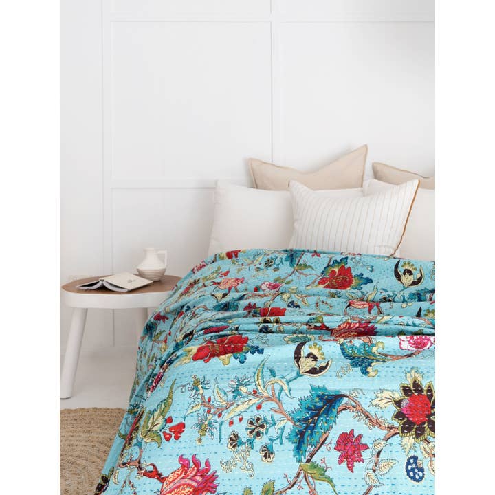 Kantha Quilt Indian Quilt Block Print Quilt Bedspread for wholesale by Linen Connections