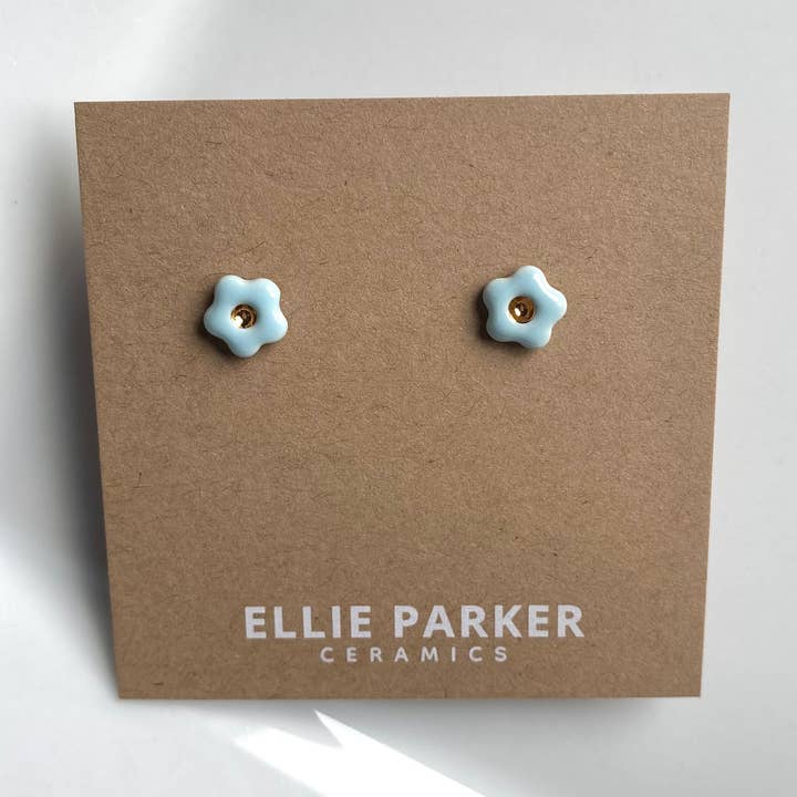 Flower Sky Blue Ceramic Gold Accent Stud Earring for wholesale by Ellie Parker Ceramics