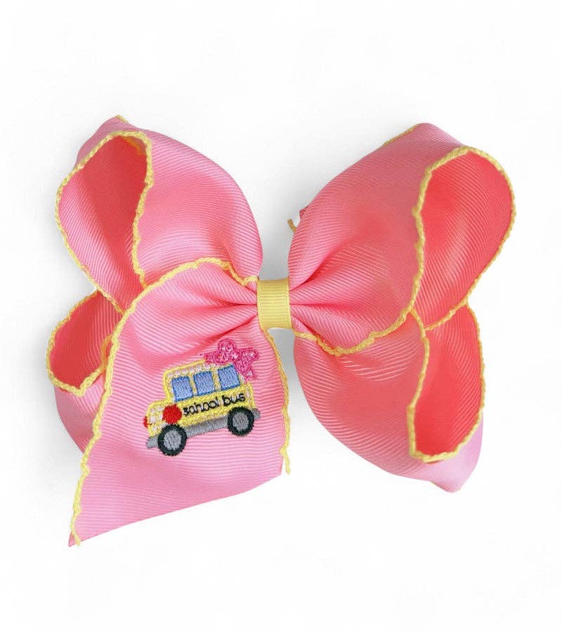 Pink Back to school embroidery and moon stitch hair bows. 4PCS/$12.00 for wholesale on Faire0