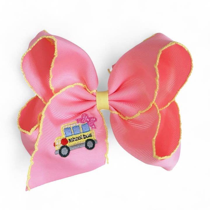 Pink Back to school embroidery and moon stitch hair bows. 4PCS/$12.00 for wholesale on Faire0