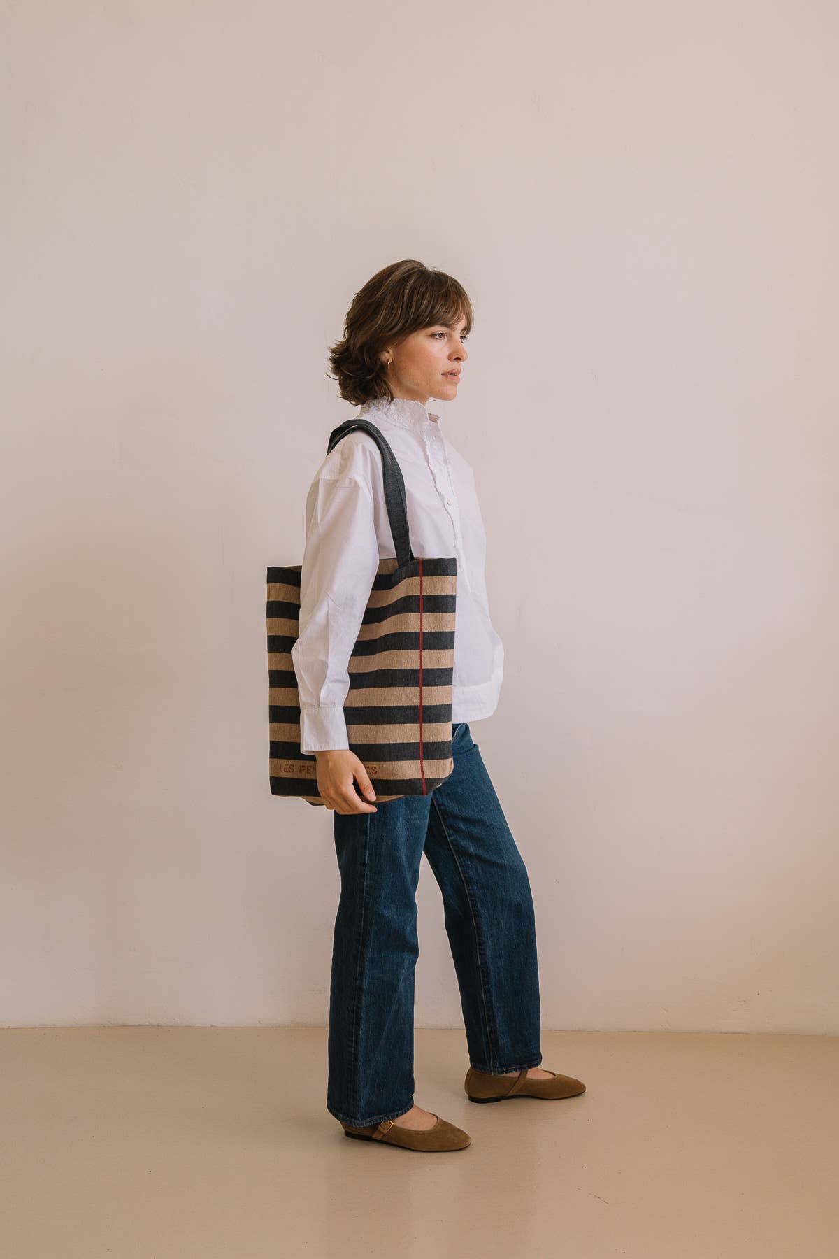 Les Pensionnaires – Sacola - Mulher por atacado – Saco de pano às riscas em fibras recicladas bege e cinza3