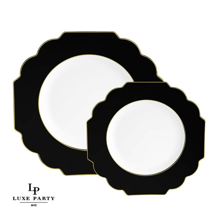 Luxe Party - Wholesale Disposable Plate - Scalloped Black • Gold Plastic Plates | 10 Pack